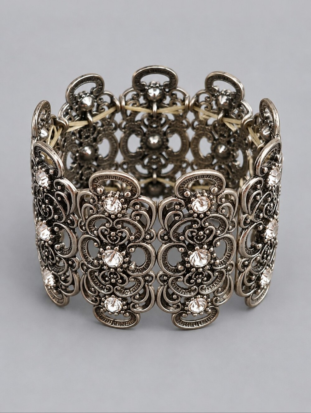 Vintage Floral Filigree Rhinestone Chunky Wide Stretch Bracelet